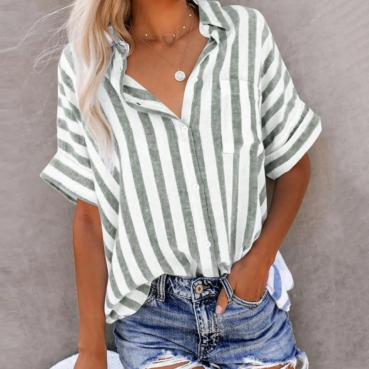 Women Striped Button Down Shirts Cotton Linen Blouse Tops Short Sleeve Collar Guaze Shirt Trendy Vacation Work Clothes