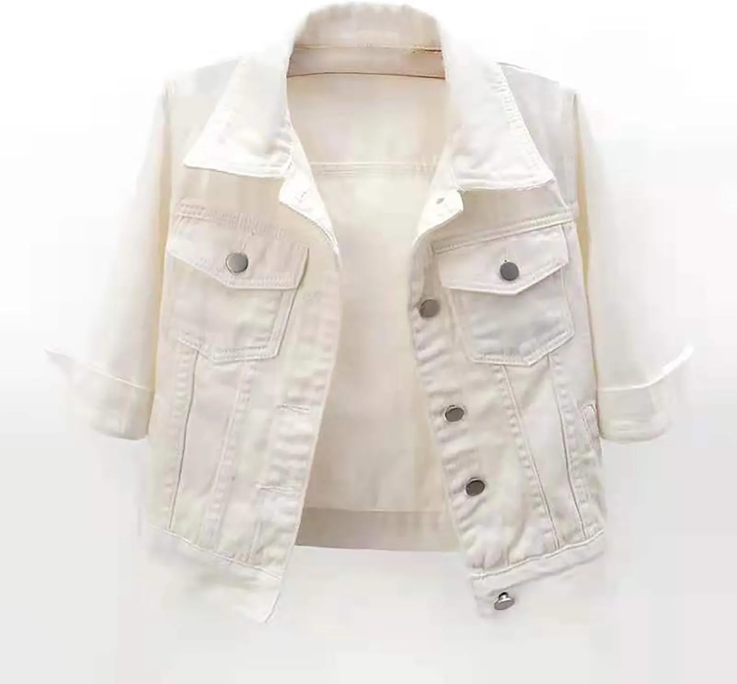 Womens 3/4 Sleeve Colored Cropped Denim Jacket Trendy Light Wash Short Jean Jacket Trucker Coat