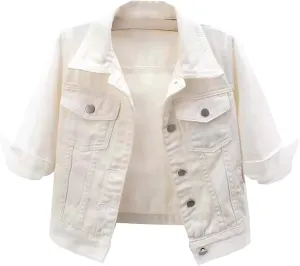 Womens 3/4 Sleeve Colored Cropped Denim Jacket Trendy Light Wash Short Jean Jacket Trucker Coat