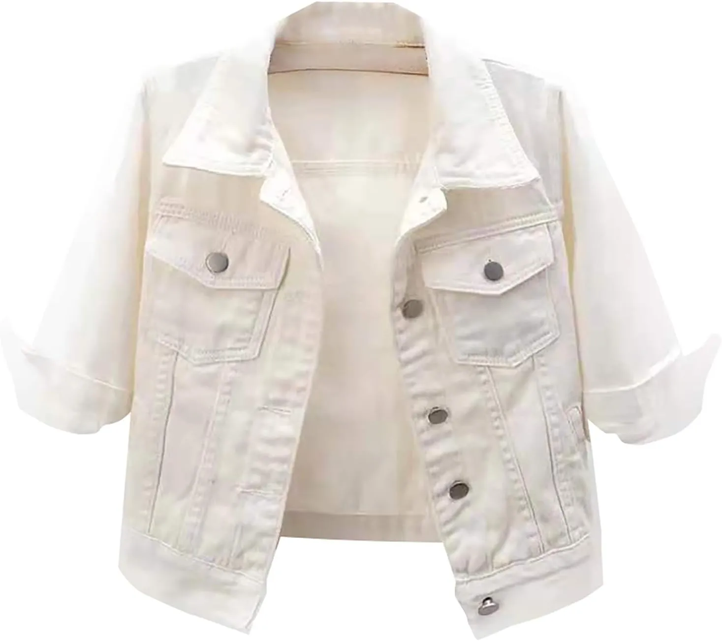 Womens 3/4 Sleeve Colored Cropped Denim Jacket Trendy Light Wash Short Jean Jacket Trucker Coat