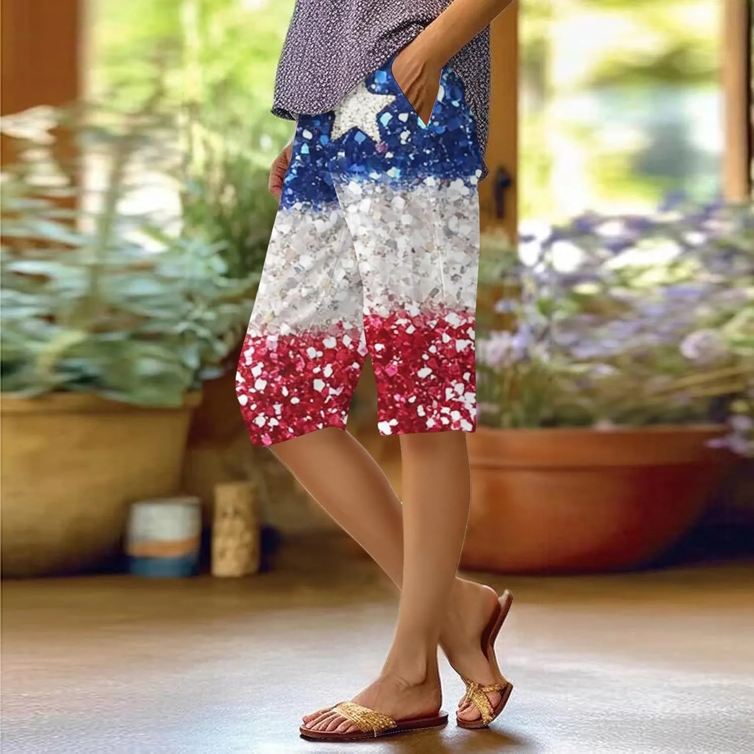 Womens 4th of July Wide Leg Capri Pants Summer High Waisted Pants Casual Loose Patriotic American Flag Printed Trousers