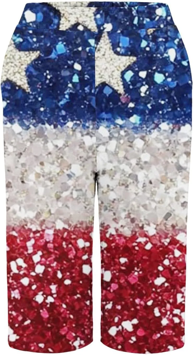Womens 4th of July Wide Leg Capri Pants Summer High Waisted Pants Casual Loose Patriotic American Flag Printed Trousers