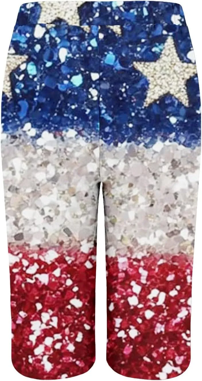 Womens 4th of July Wide Leg Capri Pants Summer High Waisted Pants Casual Loose Patriotic American Flag Printed Trousers