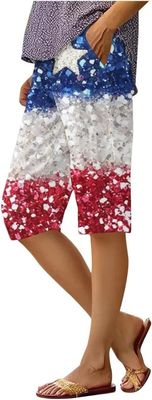 Womens 4th of July Wide Leg Capri Pants Summer High Waisted Pants Casual Loose Patriotic American Flag Printed Trousers
