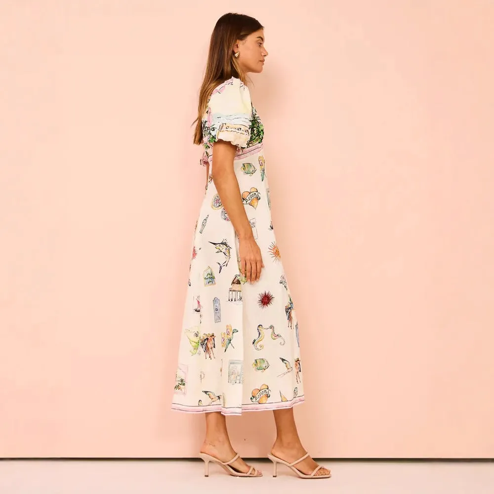 Women’s A-Line Dress – Cotton Linen Blend – Puff Sleeve – Artistic Print – Full Length
