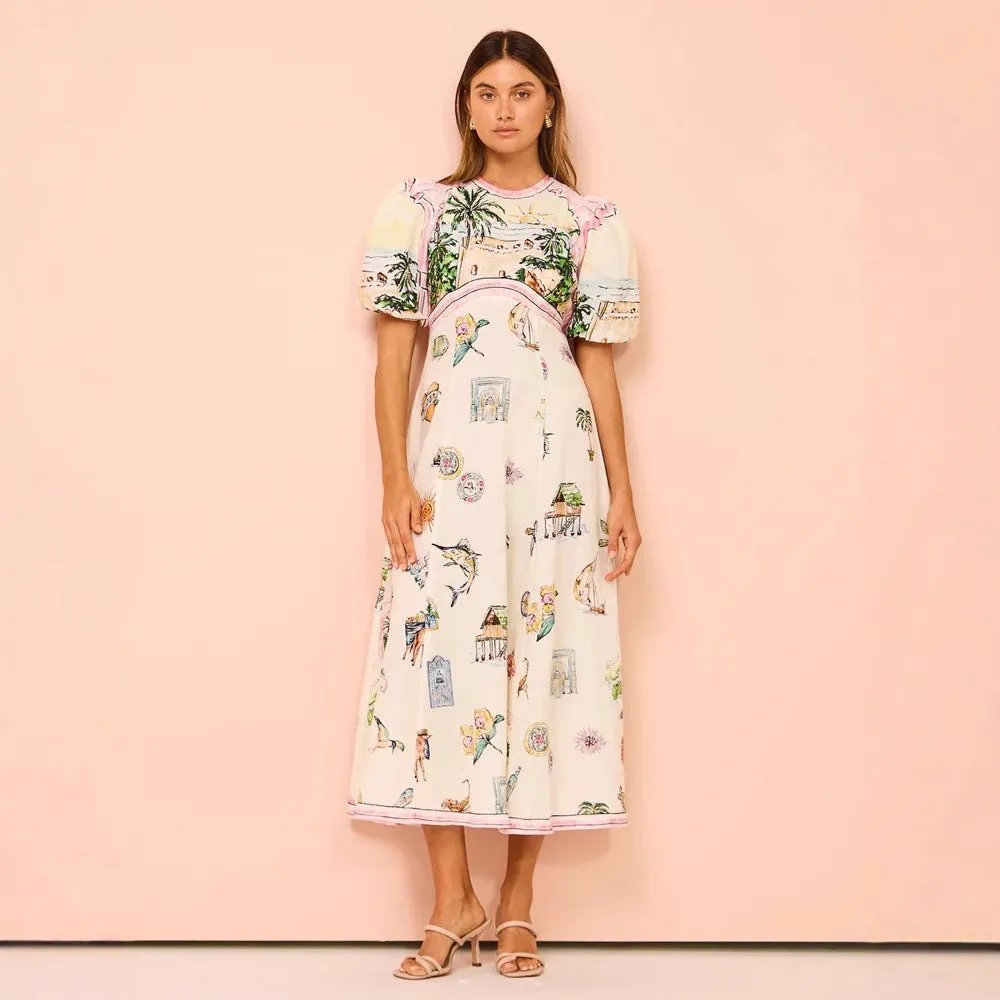 Women’s A-Line Dress – Cotton Linen Blend – Puff Sleeve – Artistic Print – Full Length