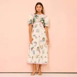 Women’s A-Line Dress – Cotton Linen Blend – Puff Sleeve – Artistic Print – Full Length