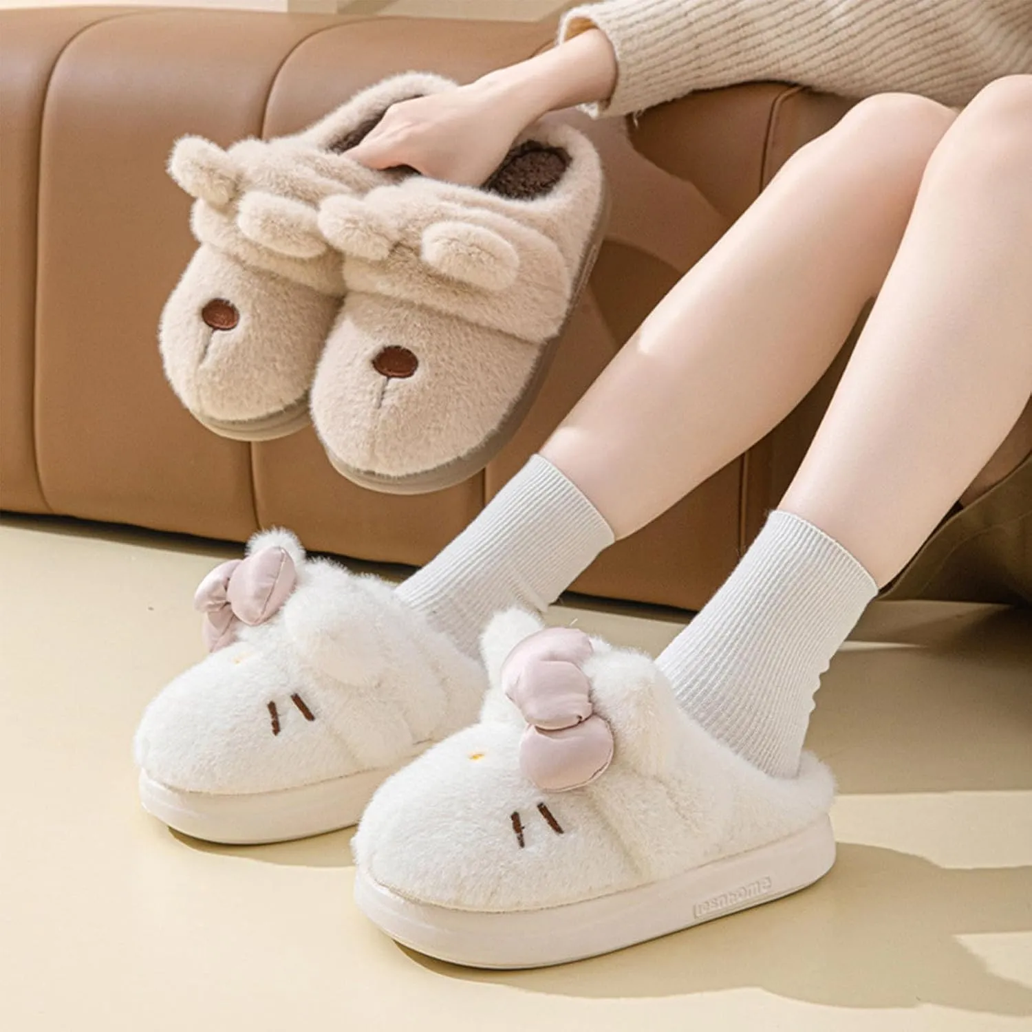 Women's Adorable Cartoon Embroidery Plush Slippers, Cute Cat Bow Decor, Fuzzy Cozy Dual-Wear Design