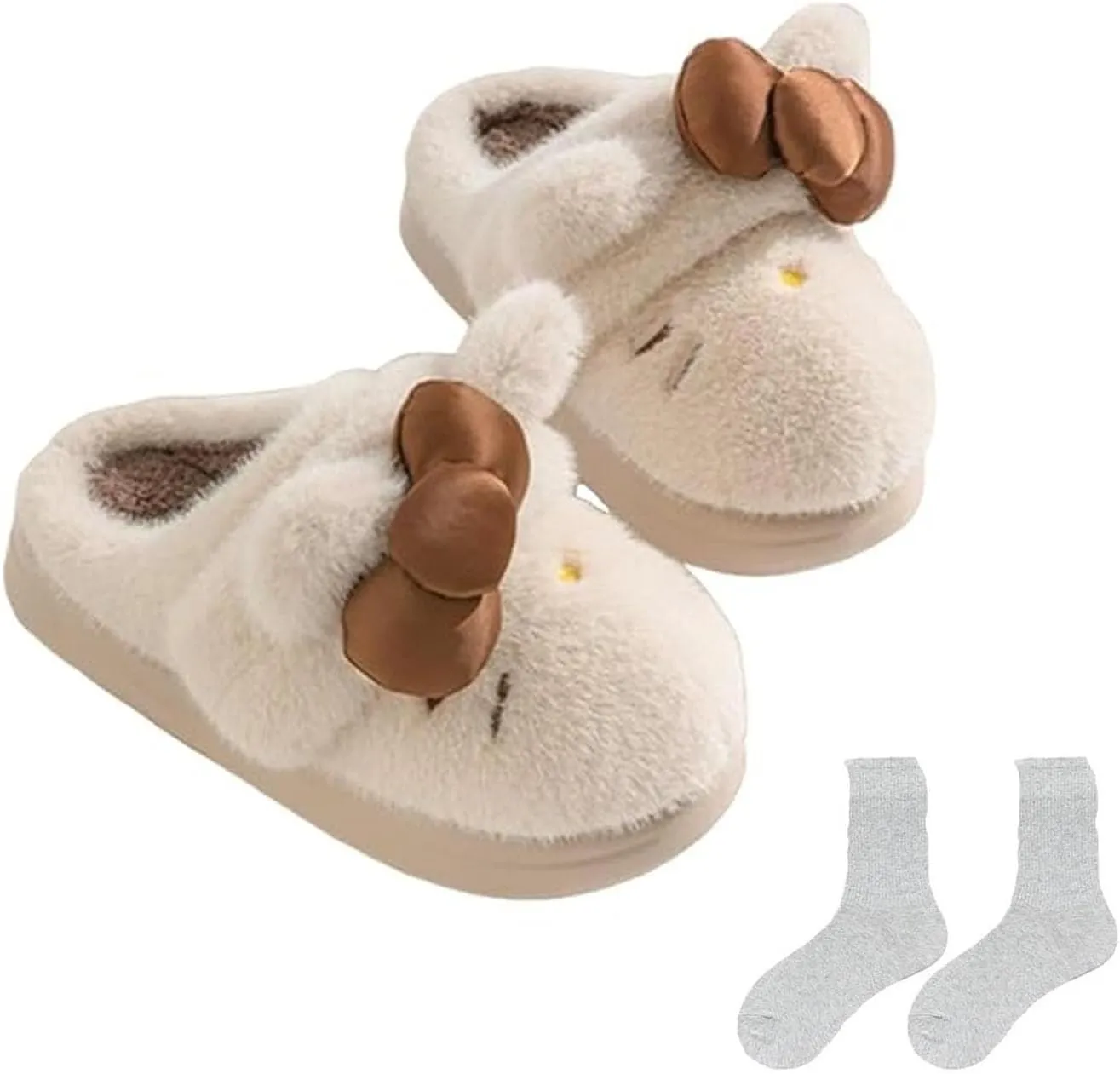 Women's Adorable Cartoon Embroidery Plush Slippers, Cute Cat Bow Decor, Fuzzy Cozy Dual-Wear Design