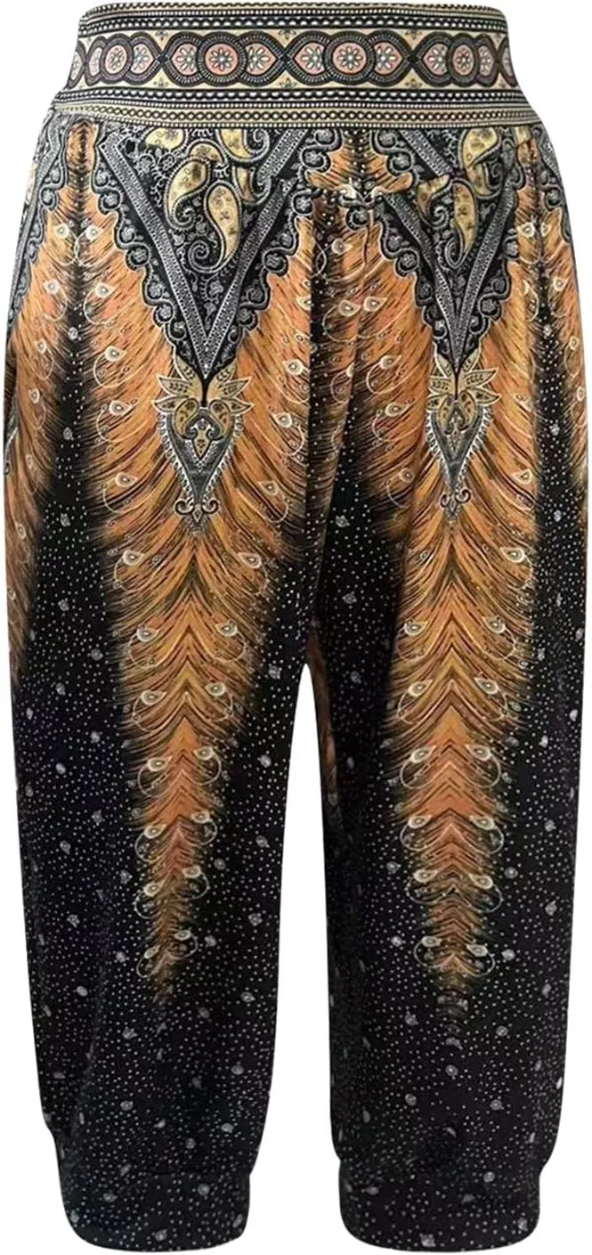Womens Baggy Harem Capris Casual High Waisted Wide Leg Boho 3/4 Pants Workout Lounge Joggers Sweatpants with Pockets