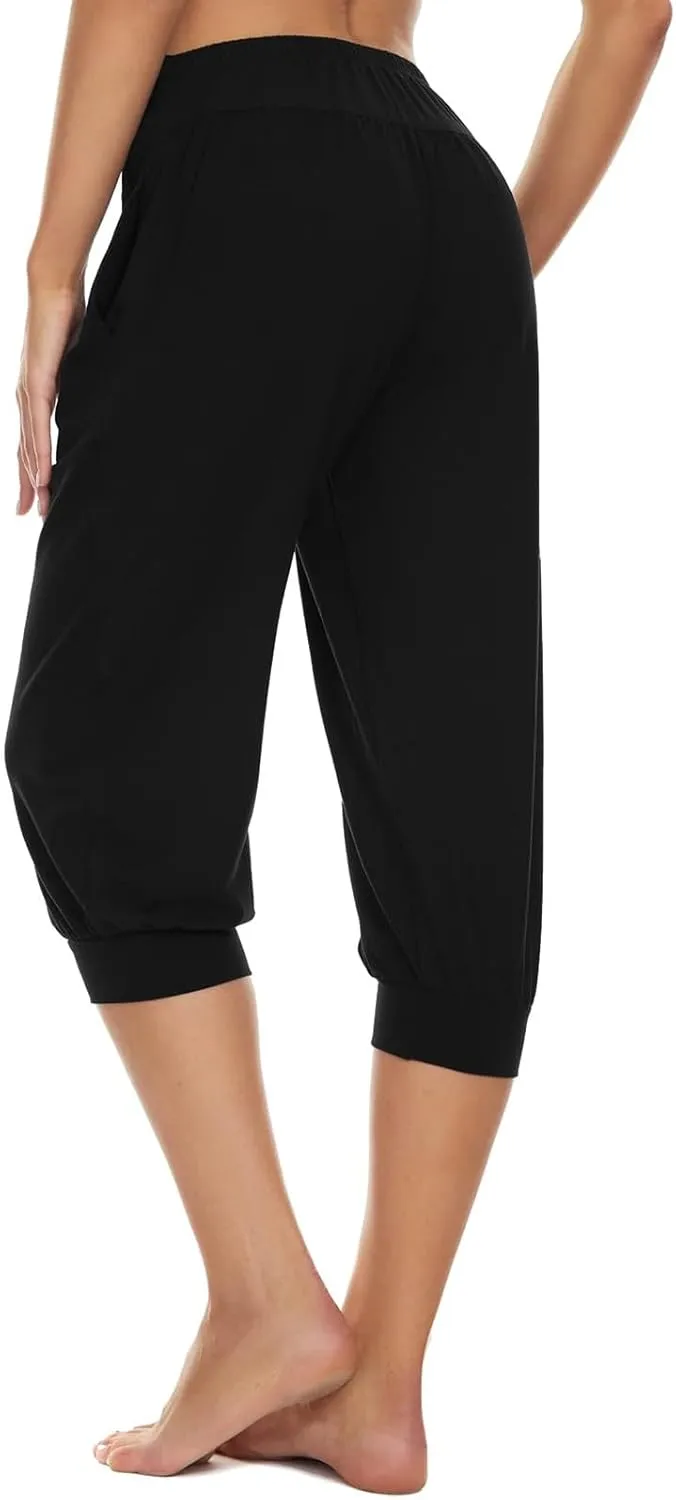 Womens Baggy Harem Capris Casual High Waisted Wide Leg Boho 3/4 Pants Workout Lounge Joggers Sweatpants with Pockets
