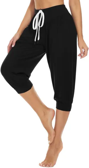 Womens Baggy Harem Capris Casual High Waisted Wide Leg Boho 3/4 Pants Workout Lounge Joggers Sweatpants with Pockets