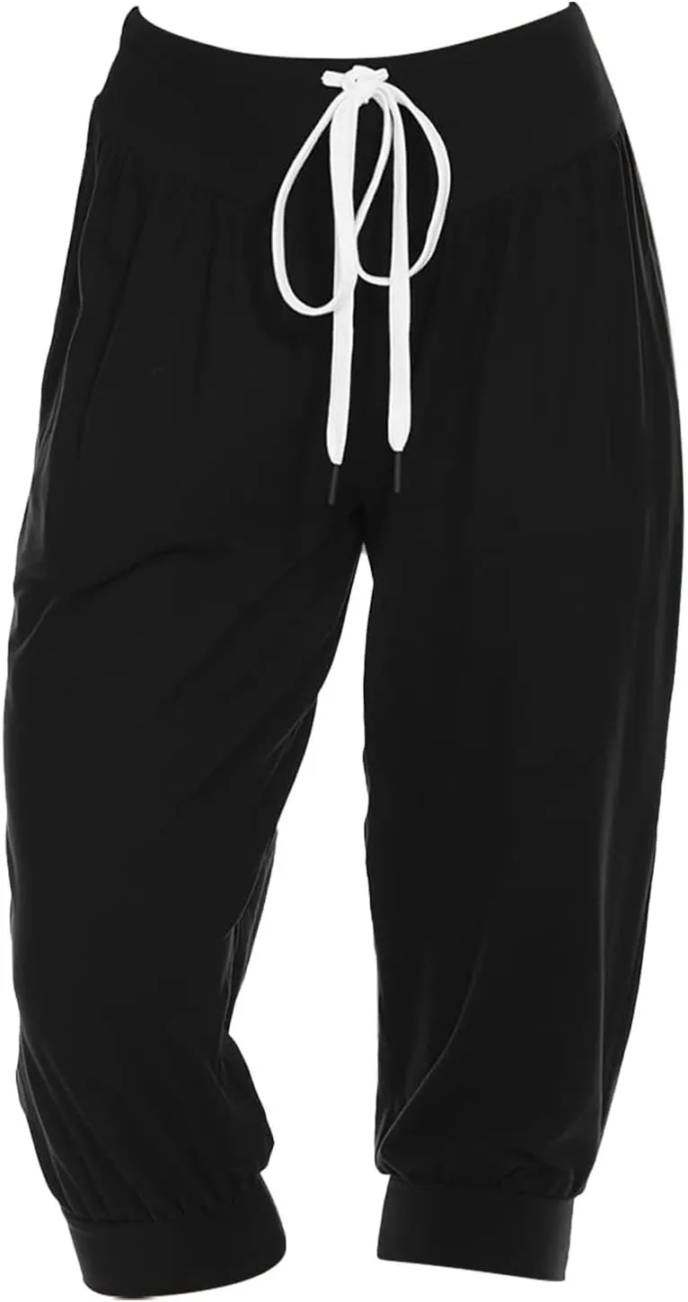 Womens Baggy Harem Capris Casual High Waisted Wide Leg Boho 3/4 Pants Workout Lounge Joggers Sweatpants with Pockets