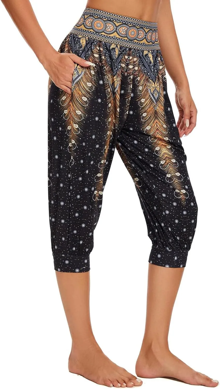 Womens Baggy Harem Capris Casual High Waisted Wide Leg Boho 3/4 Pants Workout Lounge Joggers Sweatpants with Pockets