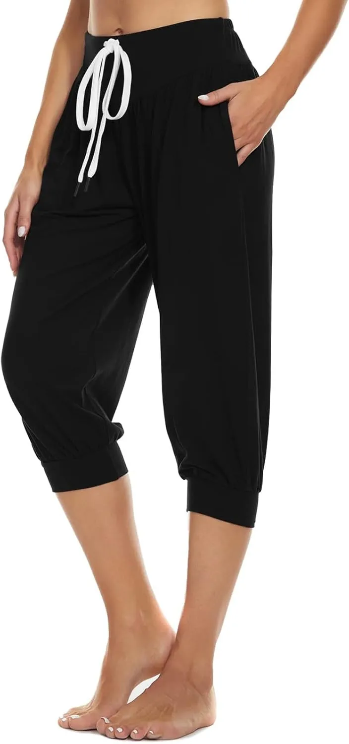 Womens Baggy Harem Capris Casual High Waisted Wide Leg Boho 3/4 Pants Workout Lounge Joggers Sweatpants with Pockets