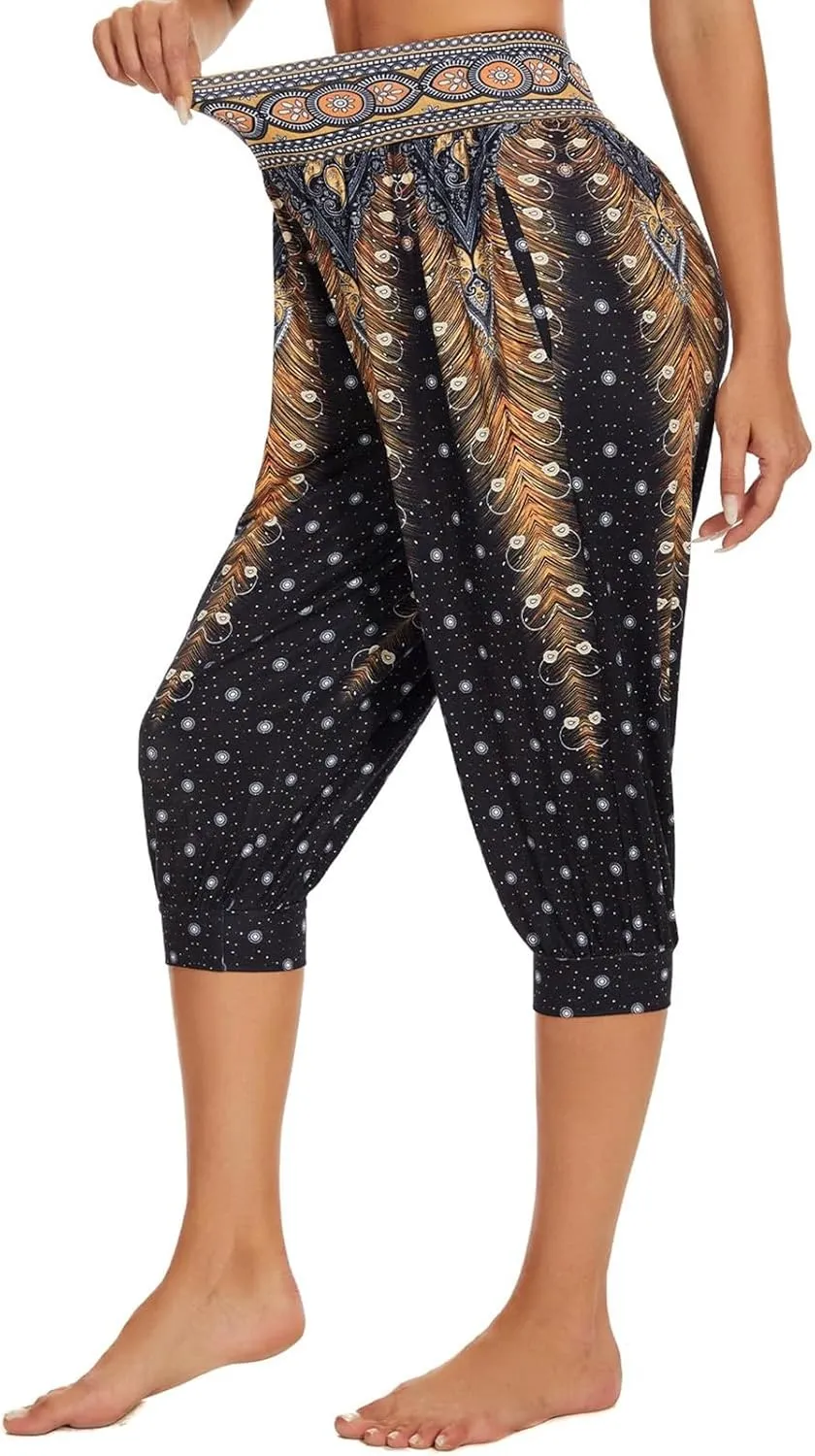 Womens Baggy Harem Capris Casual High Waisted Wide Leg Boho 3/4 Pants Workout Lounge Joggers Sweatpants with Pockets