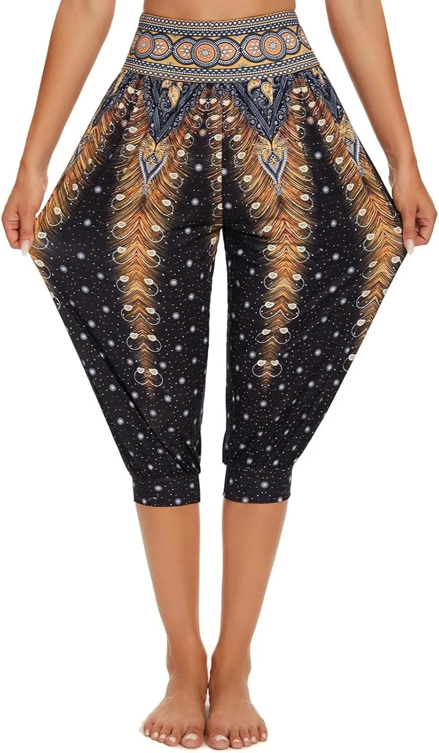 Womens Baggy Harem Capris Casual High Waisted Wide Leg Boho 3/4 Pants Workout Lounge Joggers Sweatpants with Pockets
