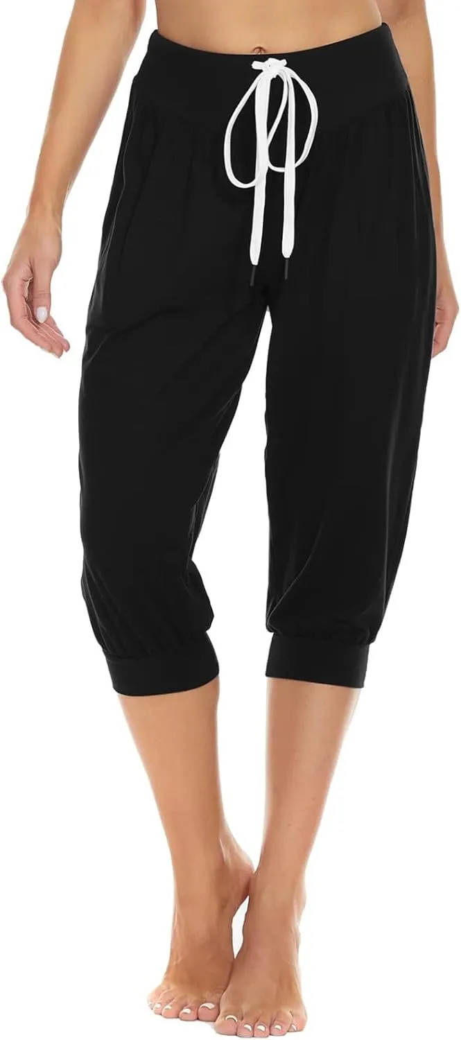 Womens Baggy Harem Capris Casual High Waisted Wide Leg Boho 3/4 Pants Workout Lounge Joggers Sweatpants with Pockets