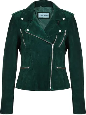 Women's Biker Leather Jacket Green Suede Classic Fashion Casual Jacket 7113-A