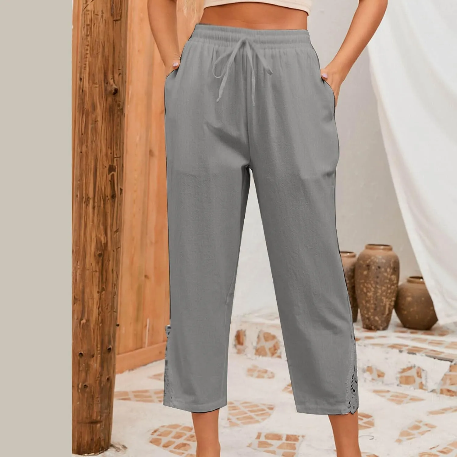 Womens Boho Cotton Linen Capri Pants Lace Stitching Cropped Pants High Rise Vintage Crop Trousers Casual Jogging Pants