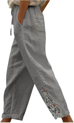 Womens Boho Cotton Linen Capri Pants Lace Stitching Cropped Pants High Rise Vintage Crop Trousers Casual Jogging Pants
