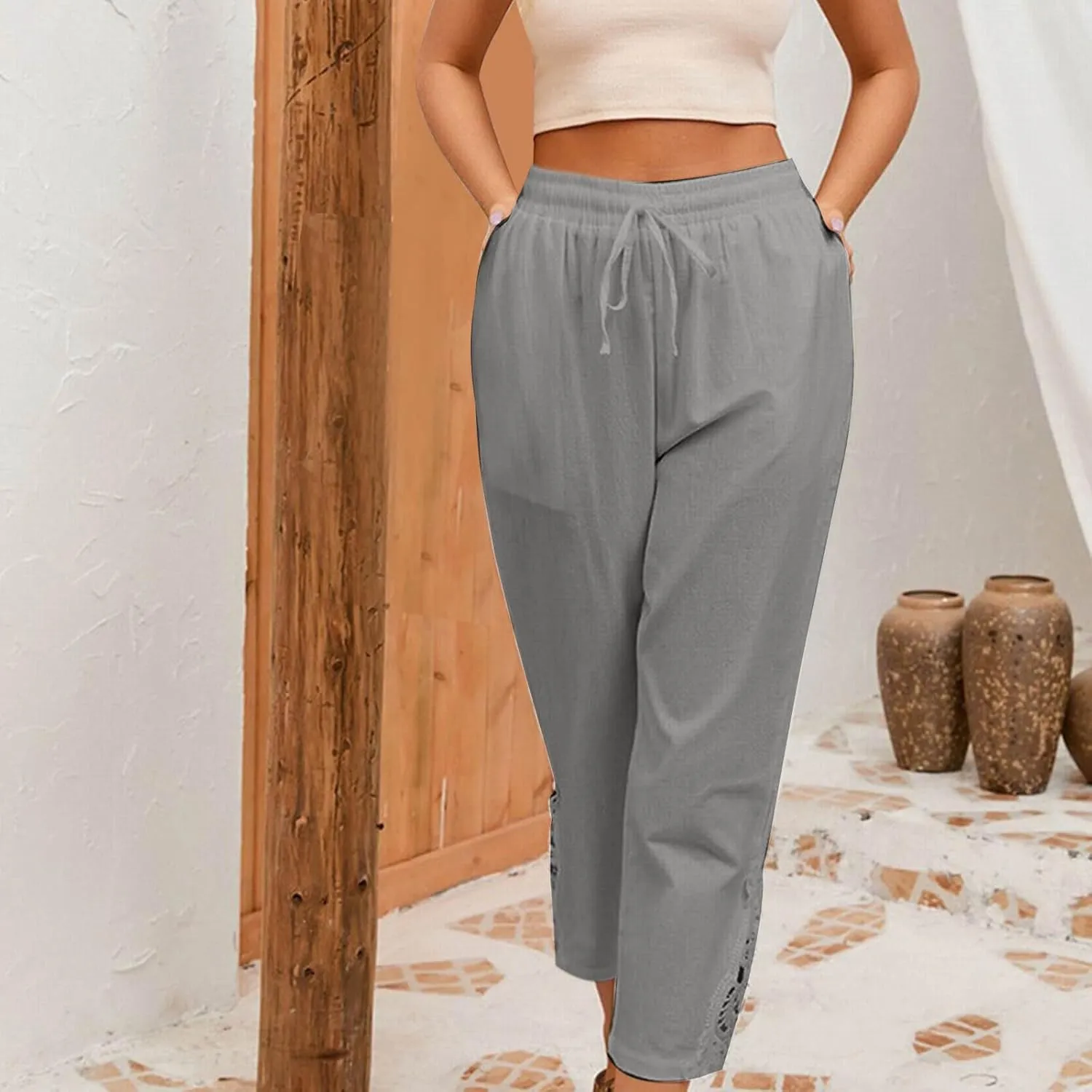 Womens Boho Cotton Linen Capri Pants Lace Stitching Cropped Pants High Rise Vintage Crop Trousers Casual Jogging Pants
