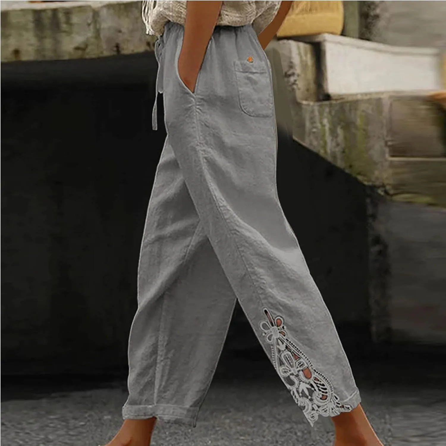 Womens Boho Cotton Linen Capri Pants Lace Stitching Cropped Pants High Rise Vintage Crop Trousers Casual Jogging Pants