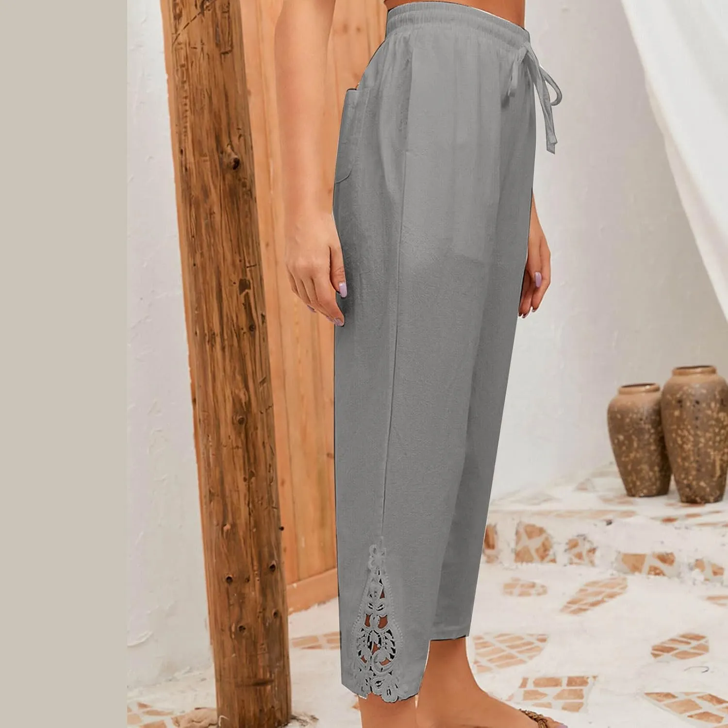 Womens Boho Cotton Linen Capri Pants Lace Stitching Cropped Pants High Rise Vintage Crop Trousers Casual Jogging Pants