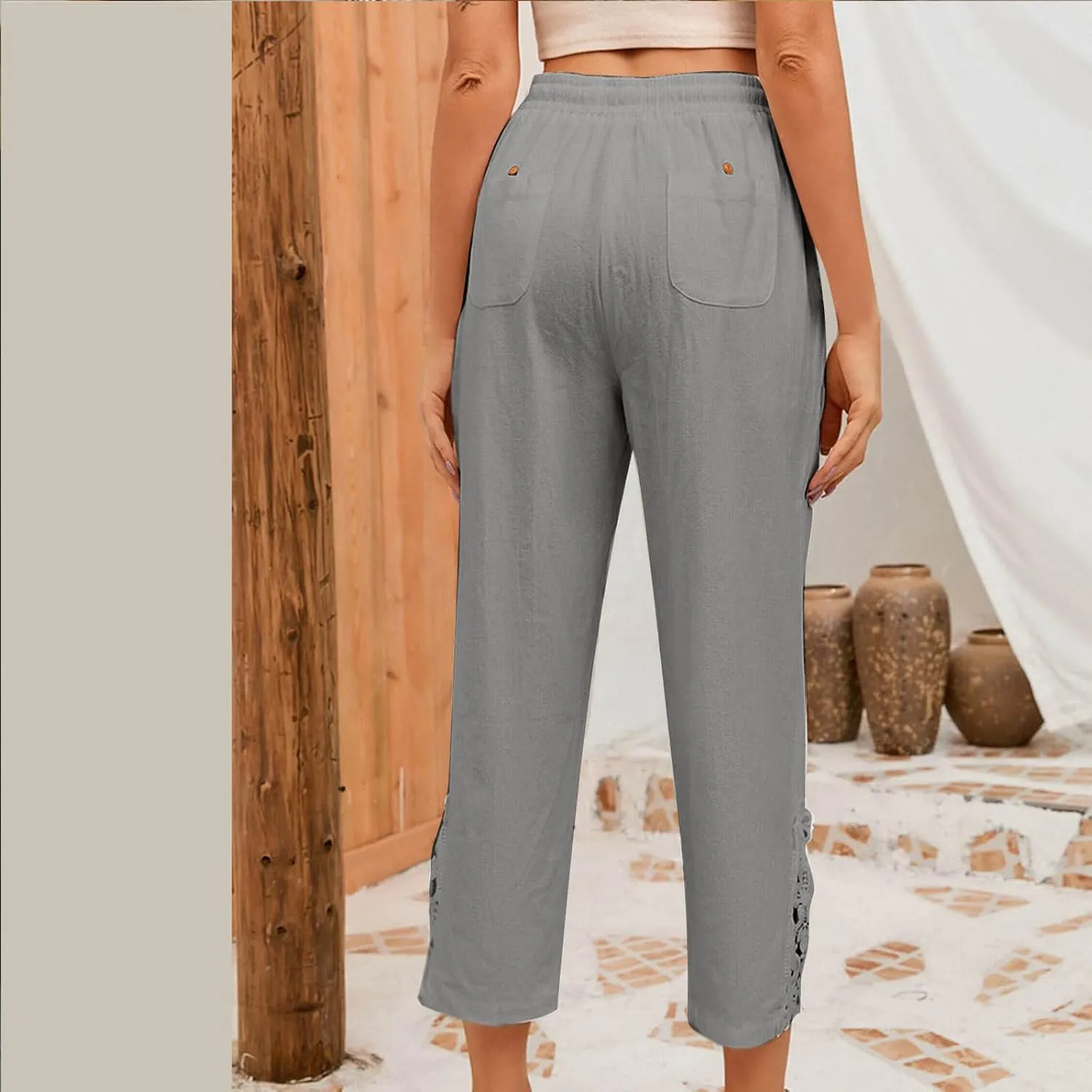 Womens Boho Cotton Linen Capri Pants Lace Stitching Cropped Pants High Rise Vintage Crop Trousers Casual Jogging Pants