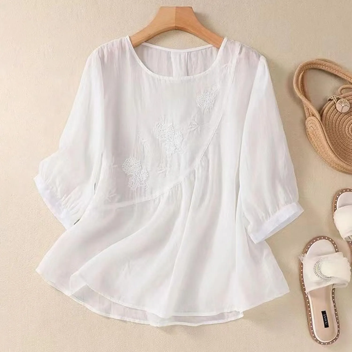 Womens Boho Cotton Linen Short Sleeve T Shirts Summer Soft Casual Oversized Tunics Top V Neck Loose Tshirt