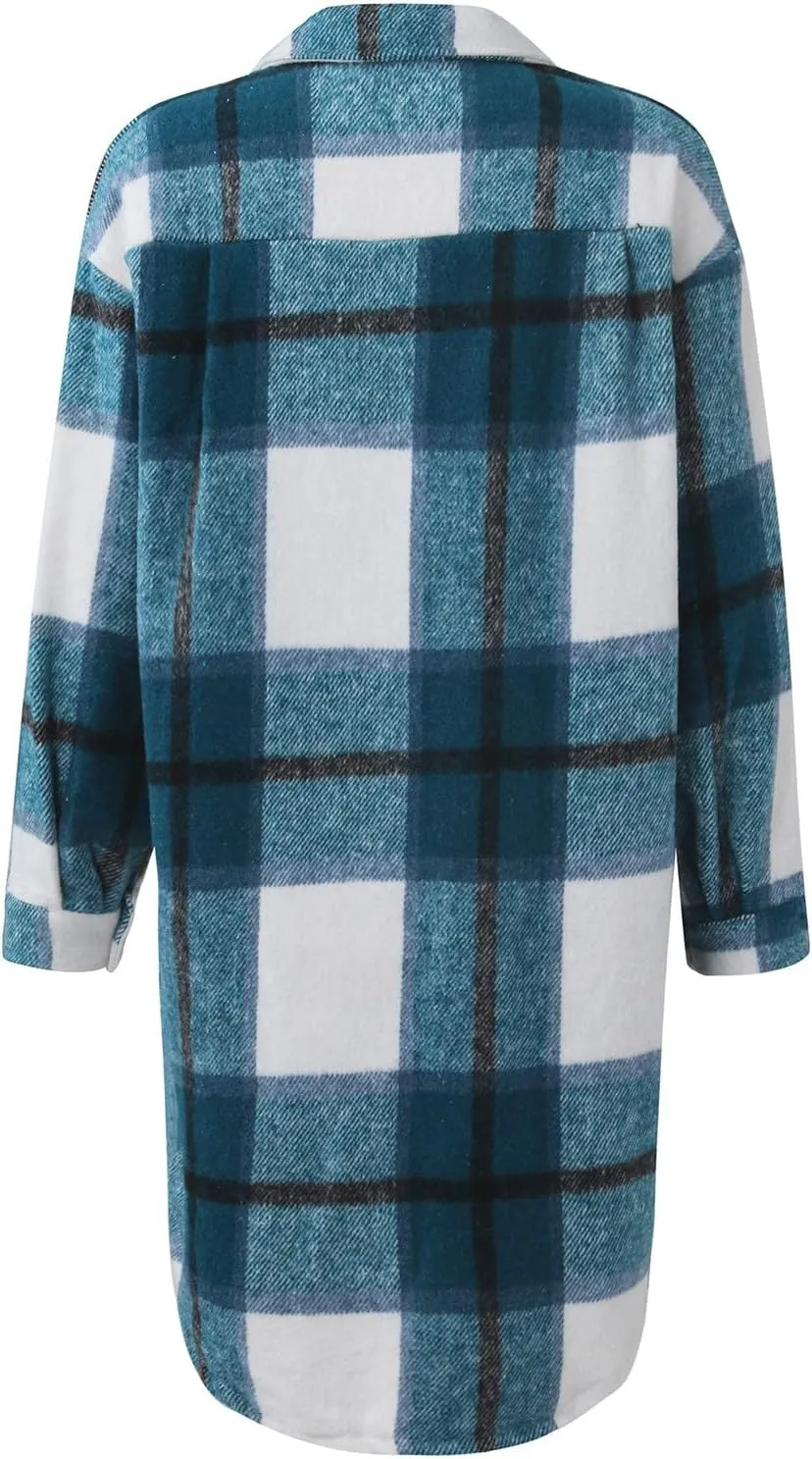 Women's Button Down Flannel Shirts Plaid Shacket Long Sleeve Buffalo Plaid Collared Long Jacket Cardigan Coats