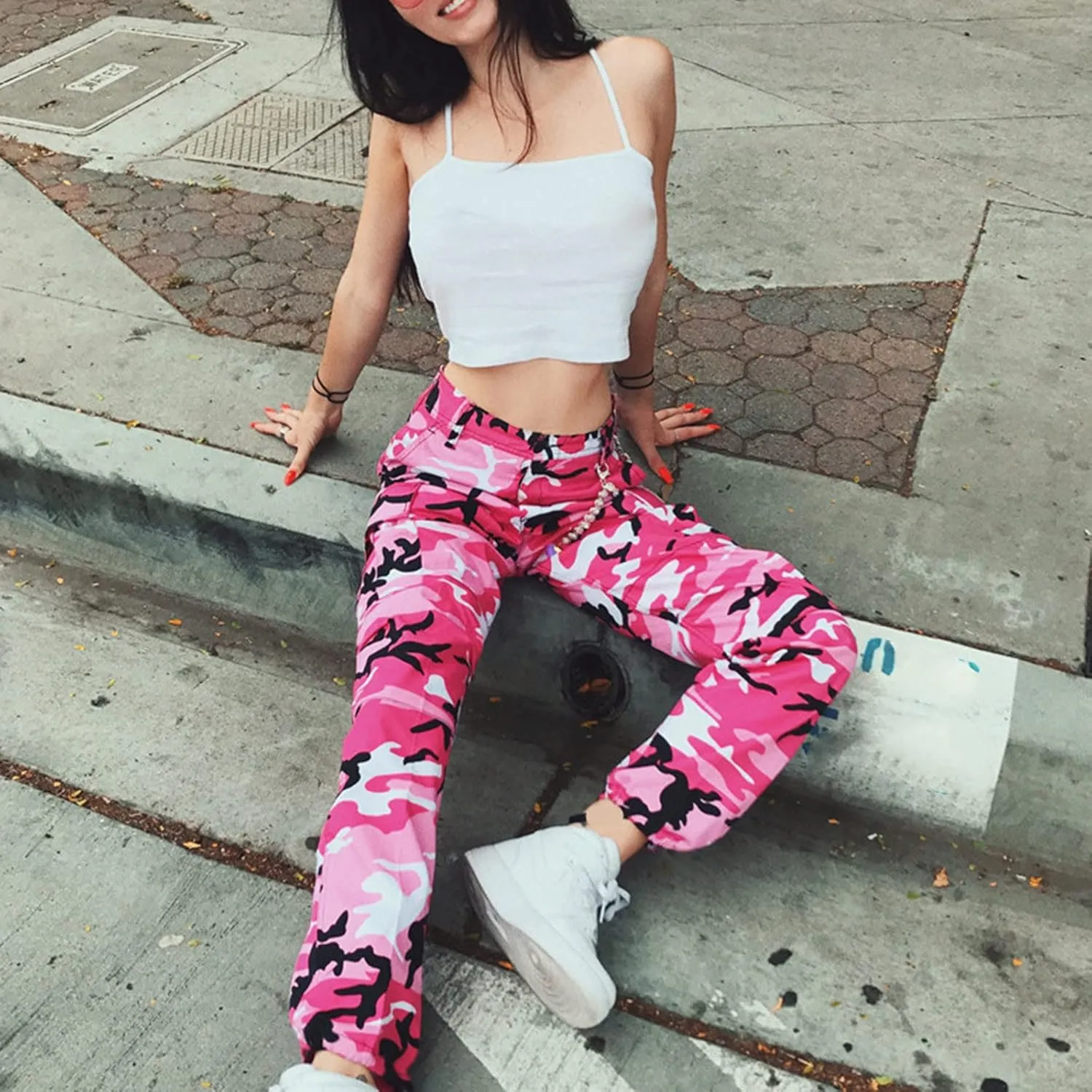 Women's Camo Pants Cargo Trousers High Waist Casual Camouflage Tactical Pants Loose Fit Jogger Pants with Pocket