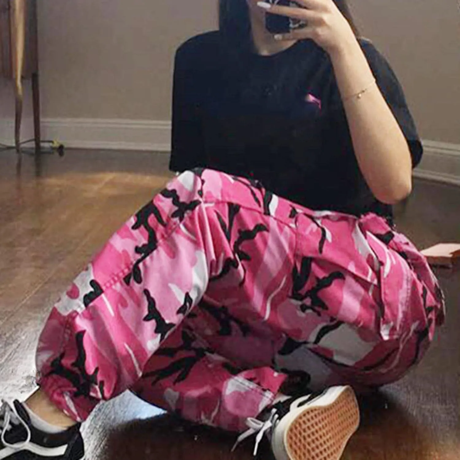 Women's Camo Pants Cargo Trousers High Waist Casual Camouflage Tactical Pants Loose Fit Jogger Pants with Pocket