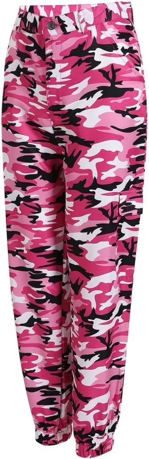 Women's Camo Pants Cargo Trousers High Waist Casual Camouflage Tactical Pants Loose Fit Jogger Pants with Pocket