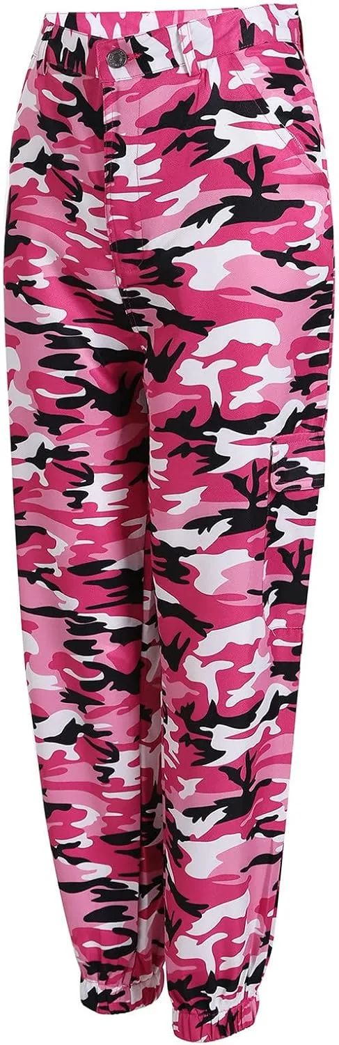 Women's Camo Pants Cargo Trousers High Waist Casual Camouflage Tactical Pants Loose Fit Jogger Pants with Pocket
