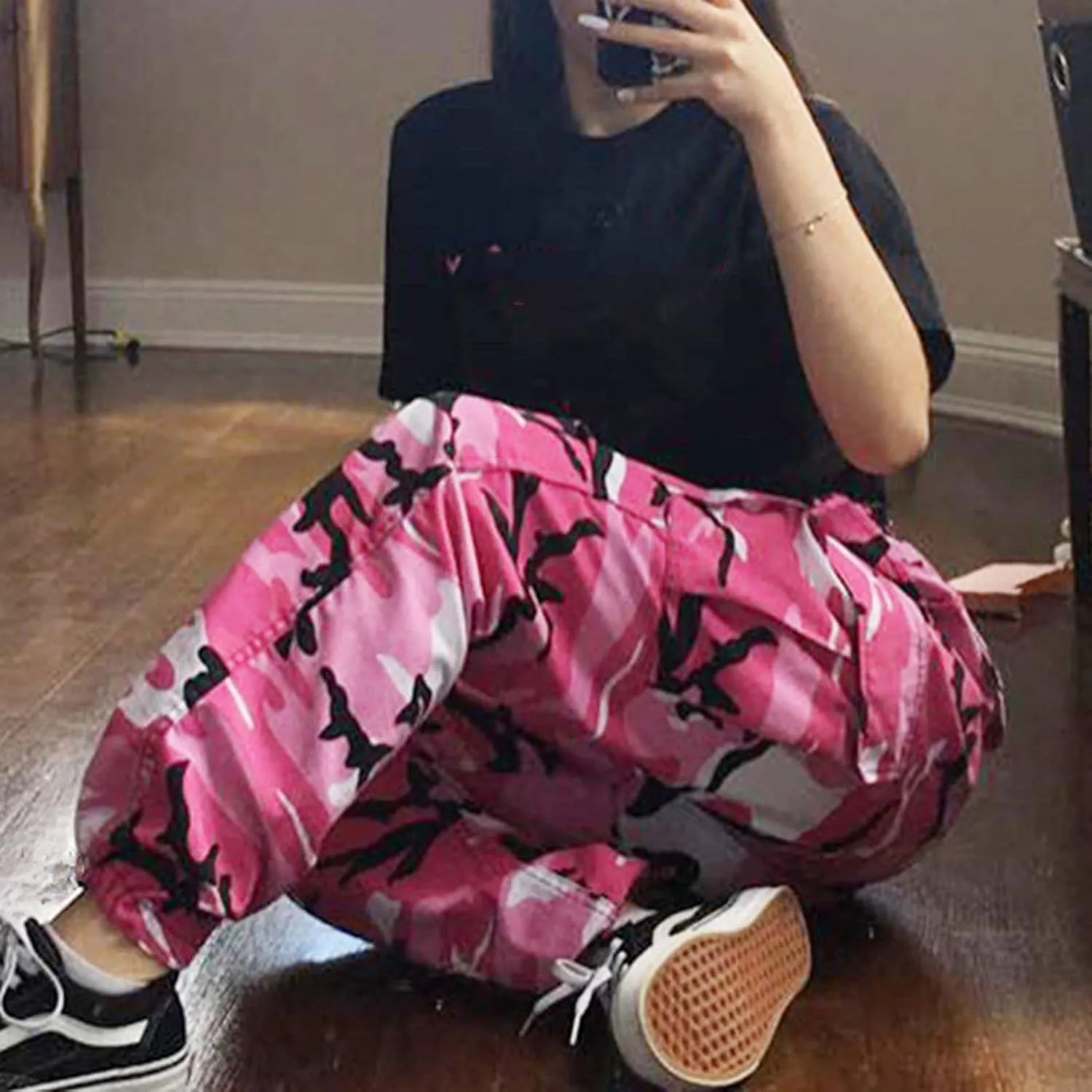 Women's Camo Pants Cargo Trousers High Waist Casual Camouflage Tactical Pants Loose Fit Jogger Pants with Pocket
