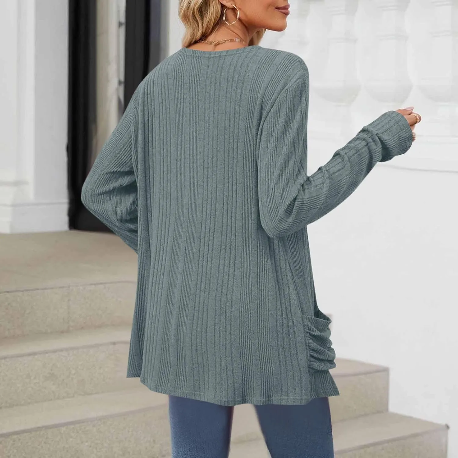 Women's Cardigan Coat Fashion Ribbed Knit Brushed Stripe Tunic Tops Long Sleeve Coat Fall Outdoor Comfy Cardigan Coat