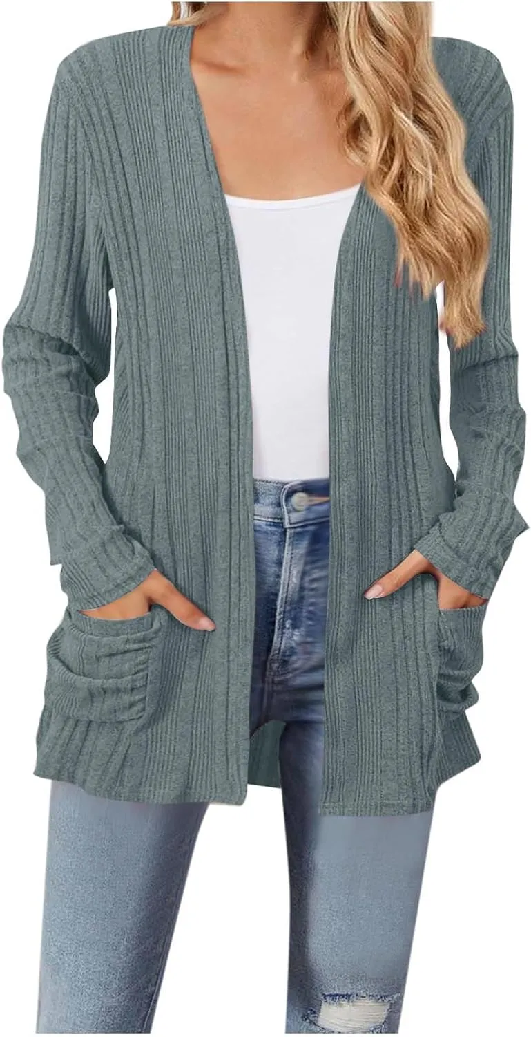 Women's Cardigan Coat Fashion Ribbed Knit Brushed Stripe Tunic Tops Long Sleeve Coat Fall Outdoor Comfy Cardigan Coat
