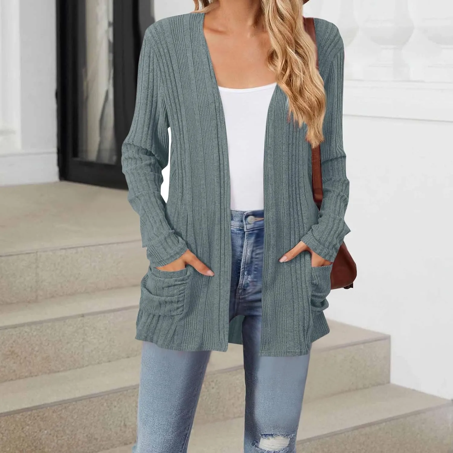 Women's Cardigan Coat Fashion Ribbed Knit Brushed Stripe Tunic Tops Long Sleeve Coat Fall Outdoor Comfy Cardigan Coat