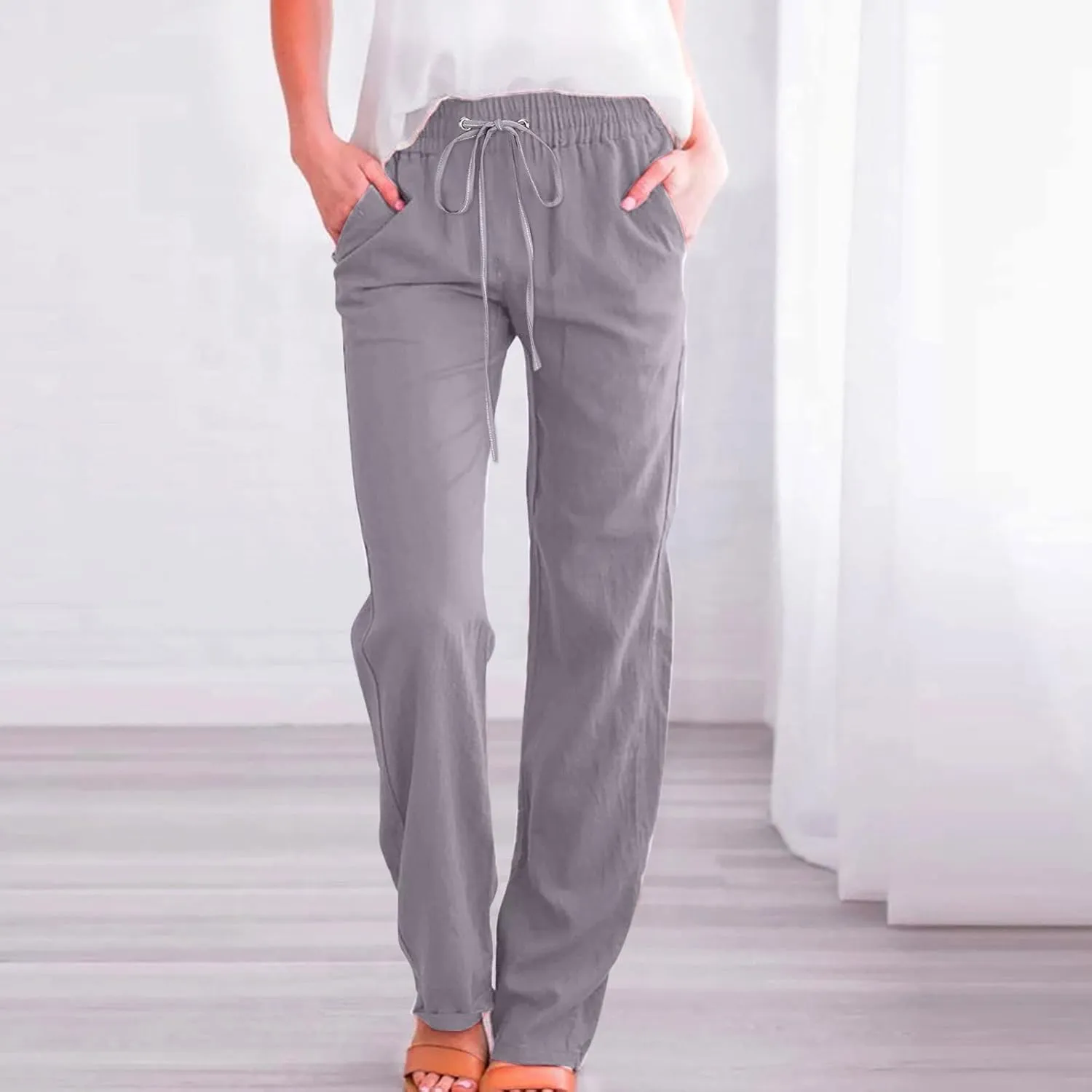 Womens Casual Cotton Linen Pants Lightweight Summer Relax Fit Elastic Waist Plus Size Solid Lounge Long Trousers