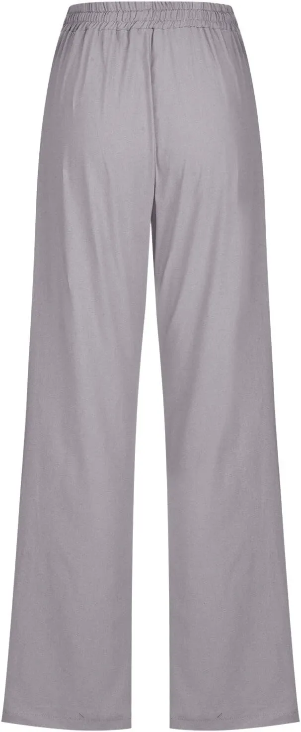 Womens Casual Cotton Linen Pants Lightweight Summer Relax Fit Elastic Waist Plus Size Solid Lounge Long Trousers
