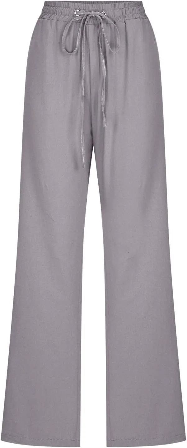 Womens Casual Cotton Linen Pants Lightweight Summer Relax Fit Elastic Waist Plus Size Solid Lounge Long Trousers