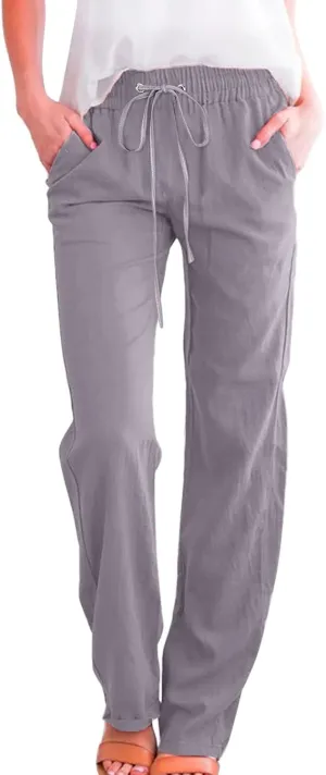 Womens Casual Cotton Linen Pants Lightweight Summer Relax Fit Elastic Waist Plus Size Solid Lounge Long Trousers