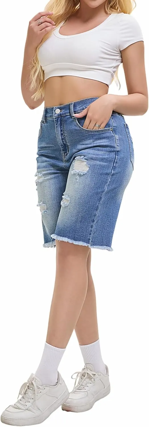 Women's Casual Denim Ripped Jean Short Summer Bermuda Butt Lifting Brazilian Raw Hem Distressed Cut Off Shorts
