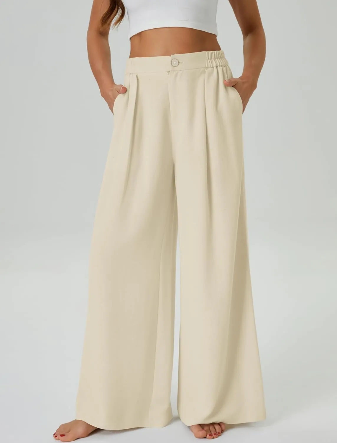 Womens Casual Linen High Waist Wide Leg Pants Palazzo Boho Flowy Beach Vacation Lounge Trousers with Pockets