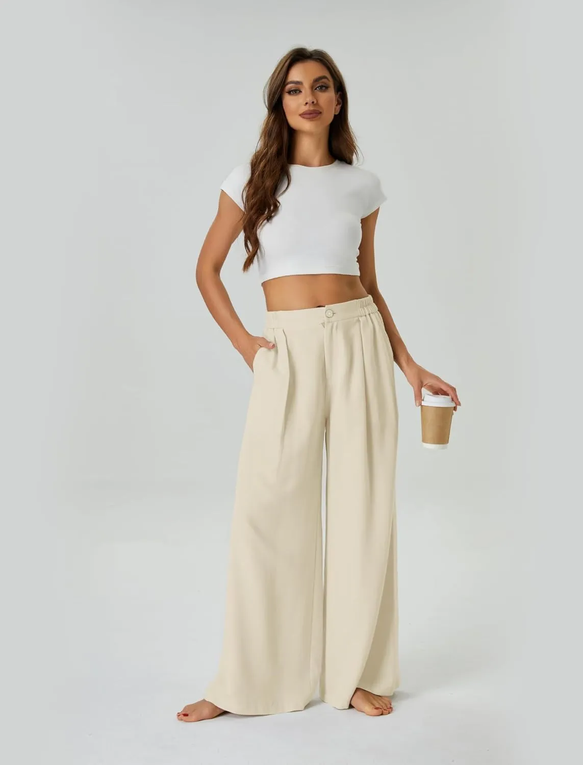 Womens Casual Linen High Waist Wide Leg Pants Palazzo Boho Flowy Beach Vacation Lounge Trousers with Pockets