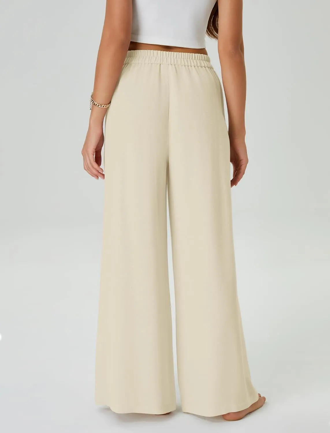 Womens Casual Linen High Waist Wide Leg Pants Palazzo Boho Flowy Beach Vacation Lounge Trousers with Pockets