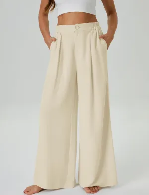 Womens Casual Linen High Waist Wide Leg Pants Palazzo Boho Flowy Beach Vacation Lounge Trousers with Pockets
