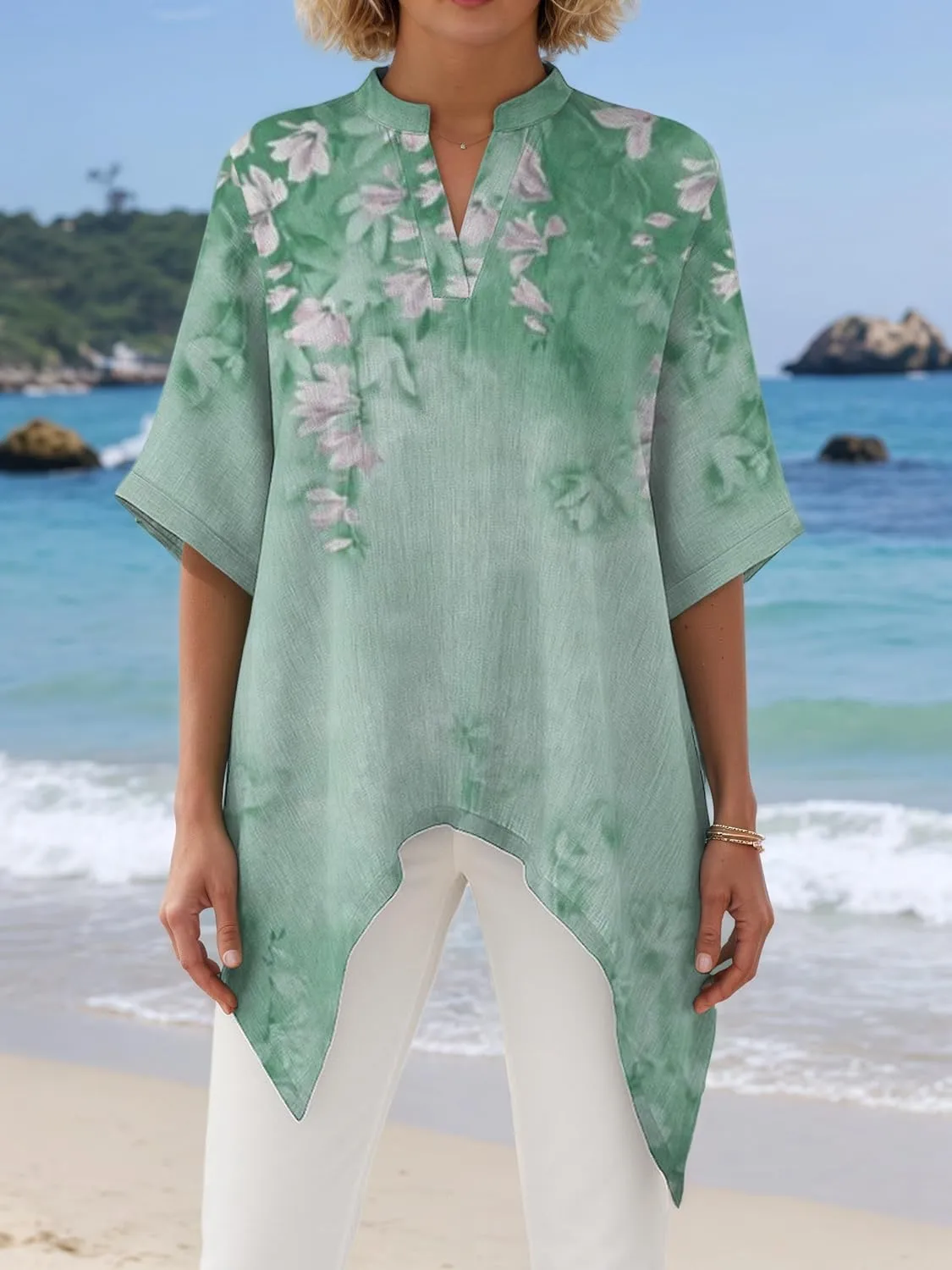 Womens Casual Linen Irregular Hem Floral Print Half Sleeve Tshirt Spring Summer Notched V Neck Loose Tunic Blouse Tops