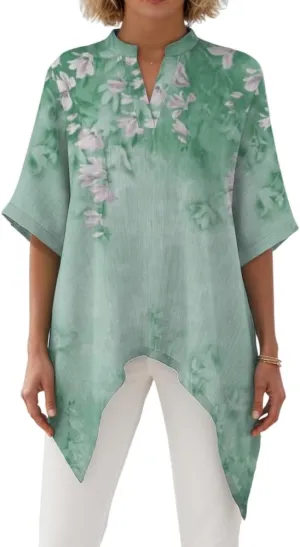 Womens Casual Linen Irregular Hem Floral Print Half Sleeve Tshirt Spring Summer Notched V Neck Loose Tunic Blouse Tops
